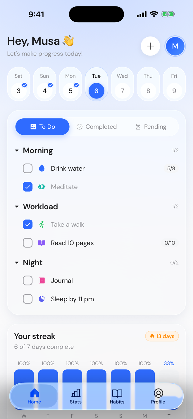Lumo home screen with Morning, Workload and Night habit checklist